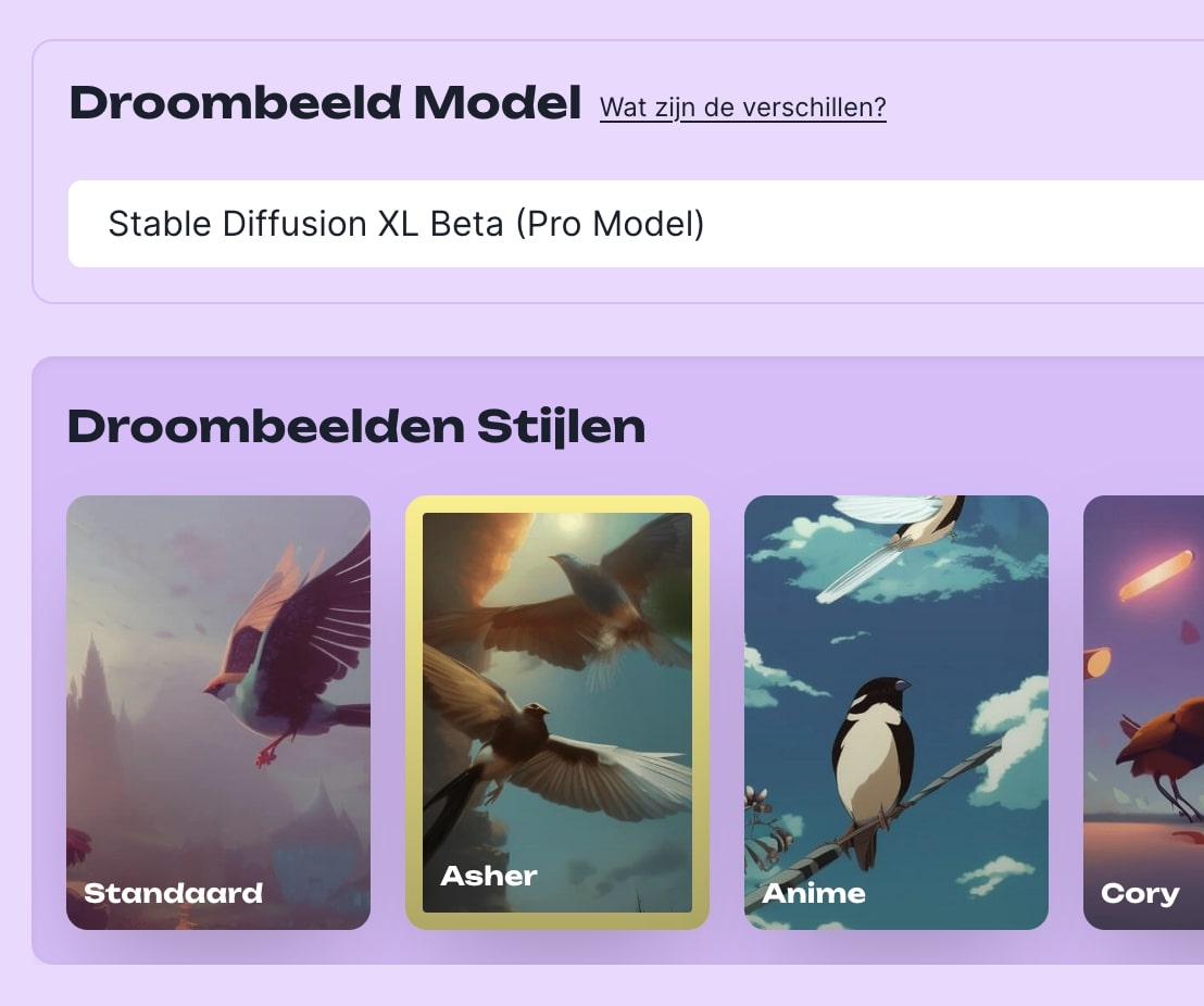 Je kunt uit verschillende modellen kiezen in de image generator